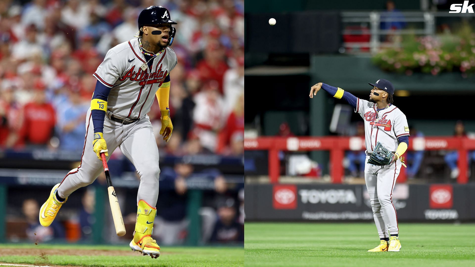 Ronald Acuna Jr. of the Atlanta Braves reacts to grounding out in the third inning against the Philadelphia Phillies during the Division Series