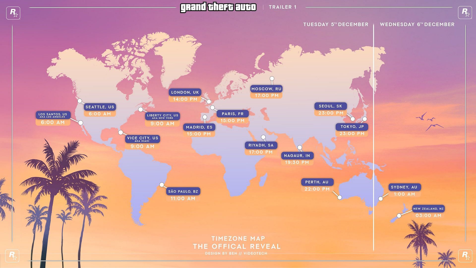 Grand Theft Auto 6 trailer release times for different regions (Image via X/@videotechuk_)