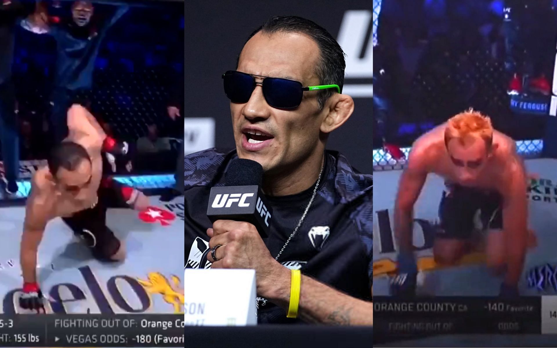Tony Ferguson (middle) blasts fan for claiming his pre-fight routine (left) and (right) is declining [Images Courtesy: @myppissmol and @KilIashaw on X and @GettyImages]
