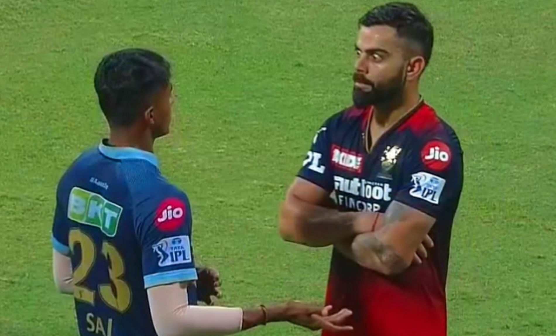 Sai Sudharsan interacts with Virat Kohli during the IPL.