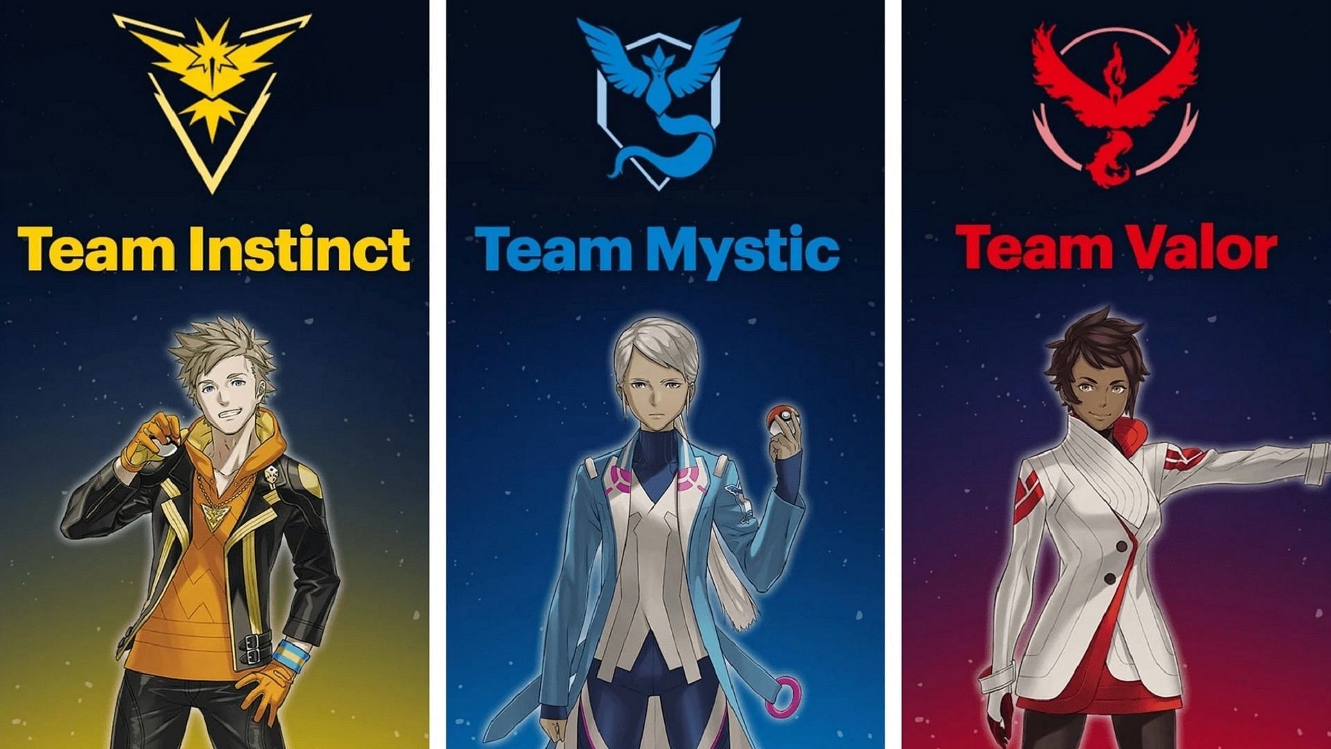 Teams Instinct, Mystic, and Valor, and their leaders in Pokemon GO.