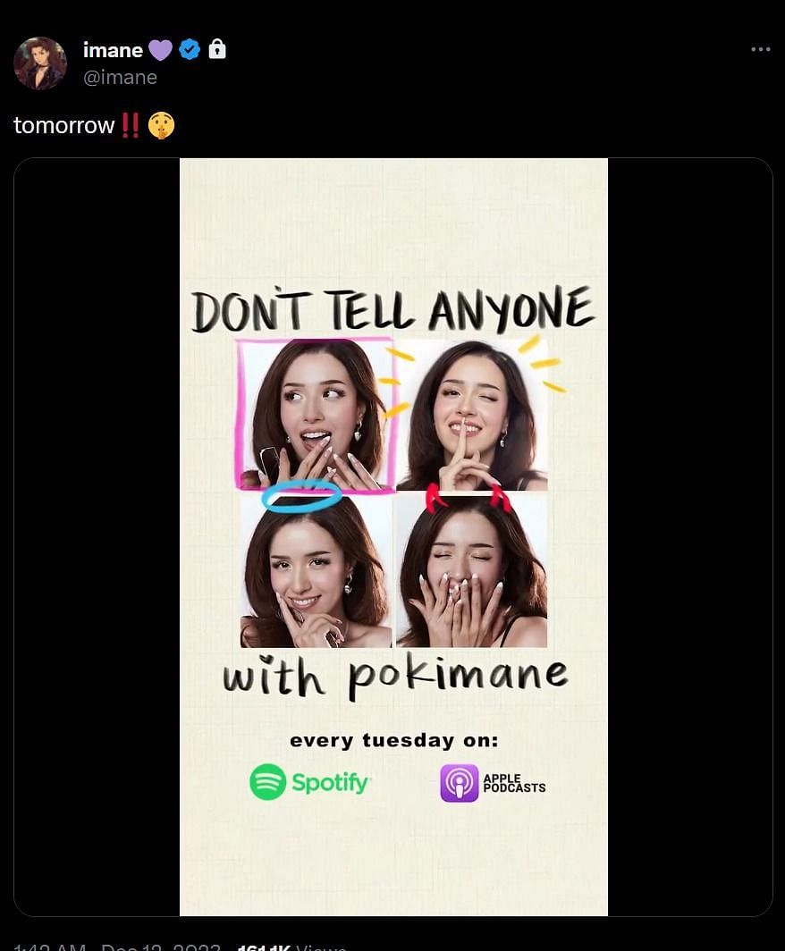 The Twitch star announces her new podcast Dont Tell Anyone (Image via X/@imane)