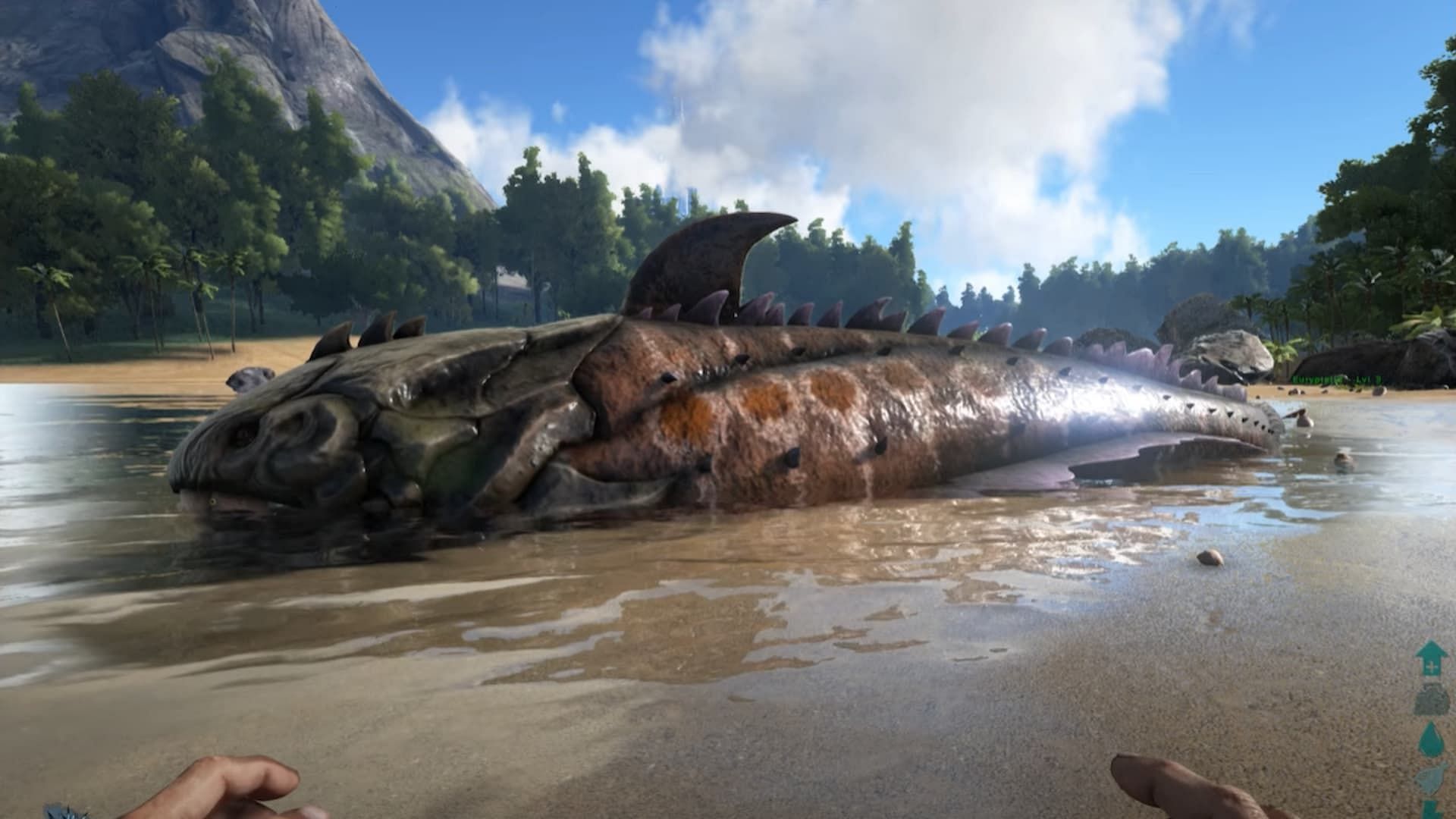 The Dunkleosteus on a beach in ARK Survival Ascended