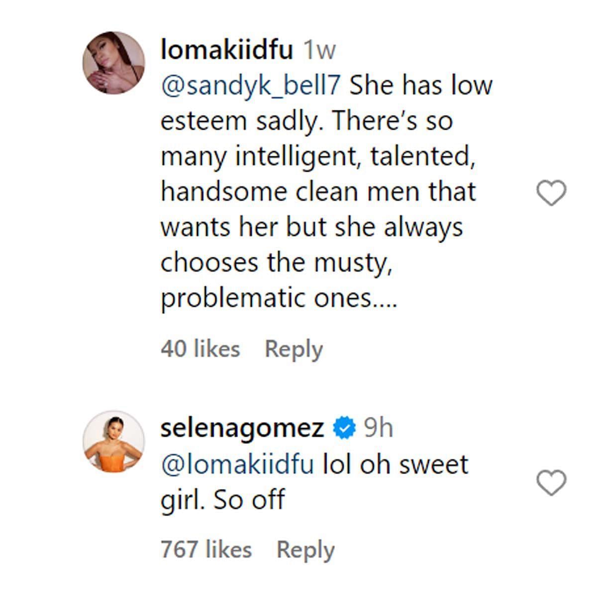 Selena reacting to the comments (Image via Instagram/ @lomakiidfu, @selenagomez)