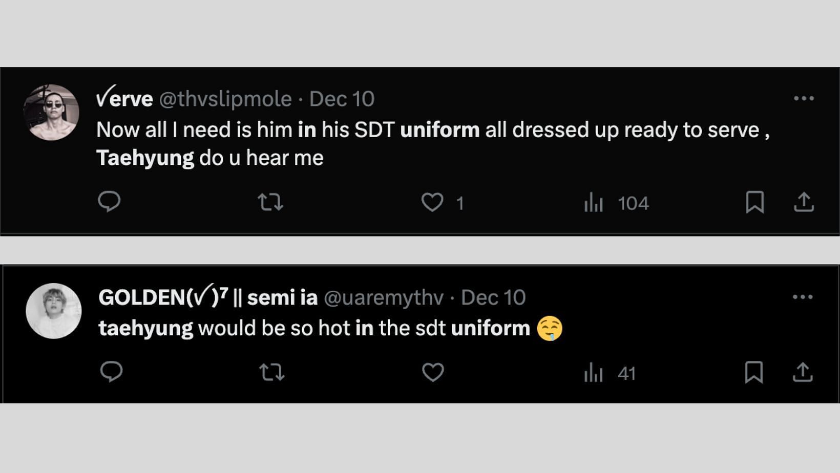 Fans reacting to the images of BTS members in military drip-in suits. (Images via X/@thvslipmole &amp; @uaremythv)