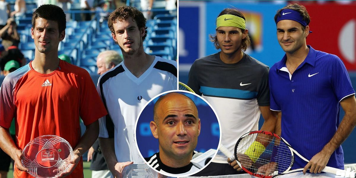 Novak Djokovic and Andy Murray (L), Andre Agassi (inset), Rafael Nadal and Roger Federer (R)