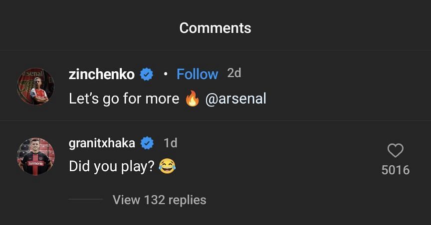 Granit Xhaka replies Oleksandr Zinchenko on Instagram