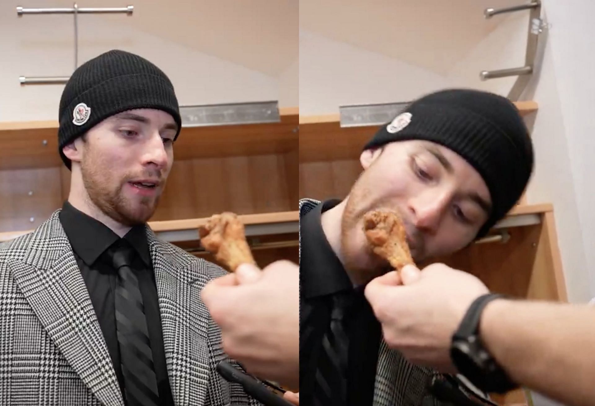 Bruins goalie Jeremy Swayman celebrates win over Sabres by hilariously digging into chicken wings midway through interview