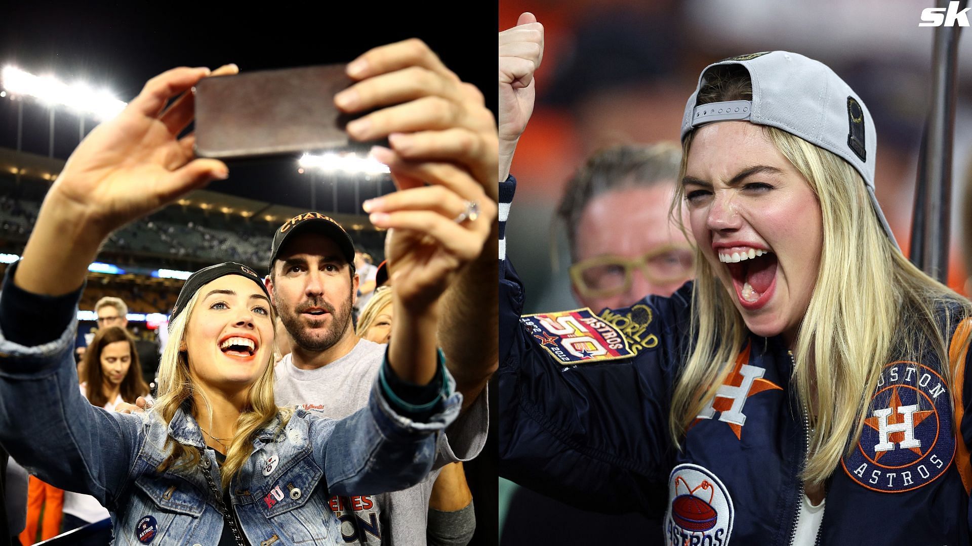 Justin Verlander of the Houston Astros takes a picture with fiancee Kate Upton after the Astros defeated the Los Angeles Dodgers to win the 2017 World Series