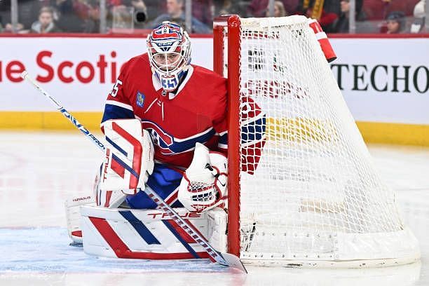 Sam Montembeault of the Montreal Canadiens tends the net during the first period against the Pittsburgh Penguins at the Bell Centre on December 13,...