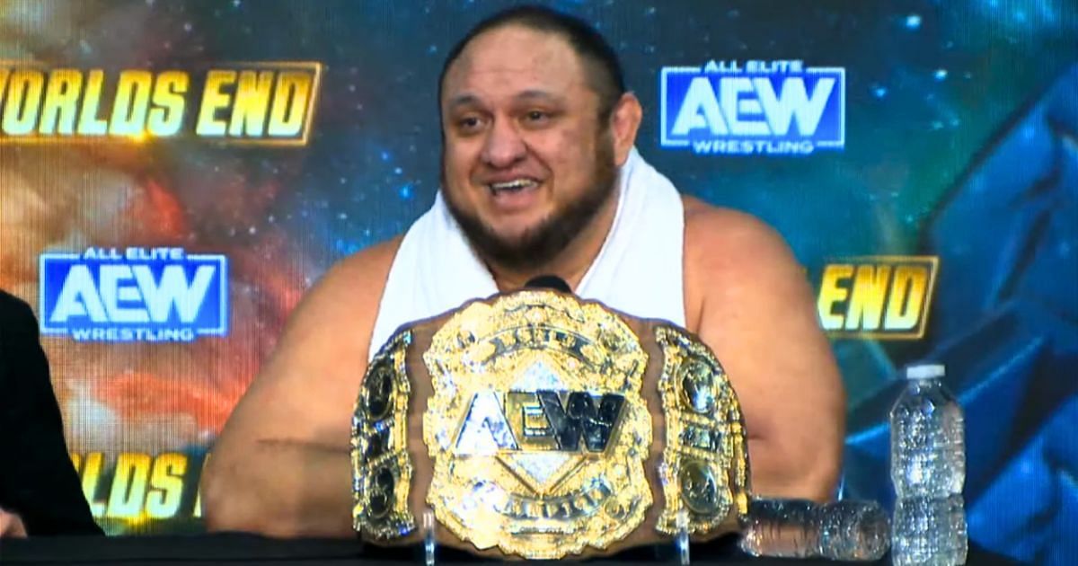 Samoa Joe at the AEW media scrum after his world title triumph.