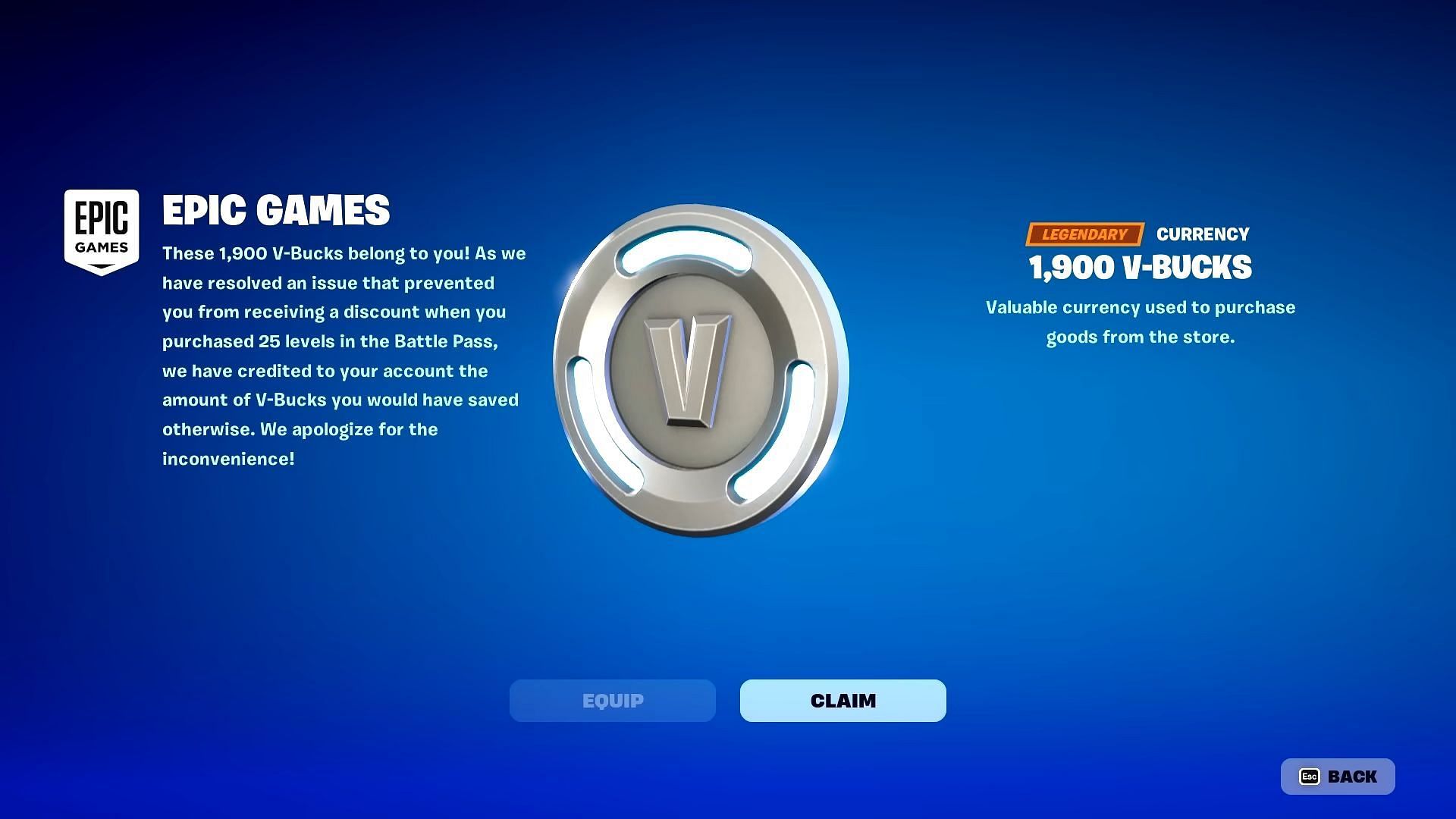 If you are eligible, you will receive 1,900 V-Bucks for free (Image via Epic Games/Fortnite)