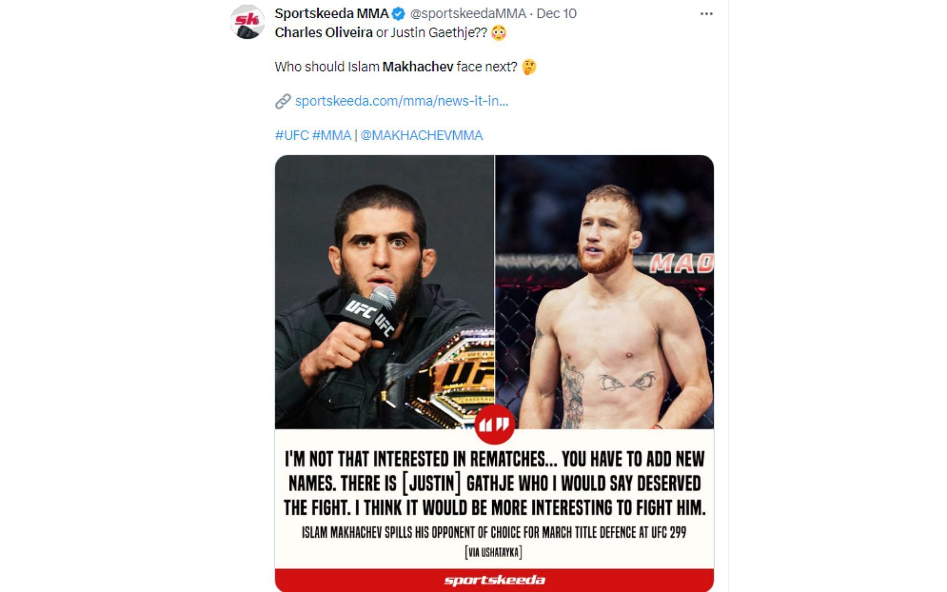 Tweet regarding Islam Makhachev being against a rematch with Oliveira