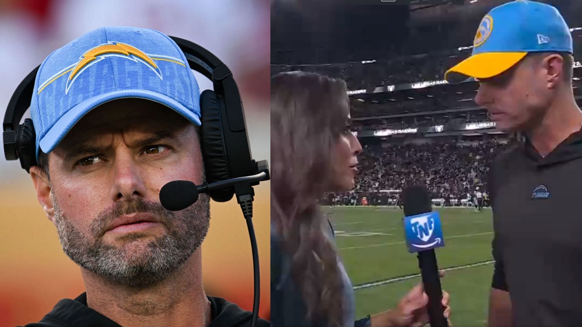 Los Angeles Chargers head coach Brandon Staley gave a halftime interview after a disastrous first half. (Image credit: Thursday Night Football/Amazon)