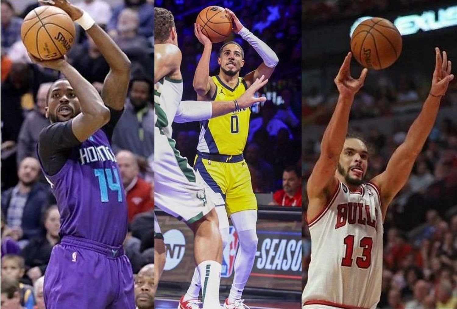 Michael Kidd-Gilchrist (L), Tyrese Haliburton (C) and Joakim Noah (R) are among the NBA players who have unconventional shooting forms.