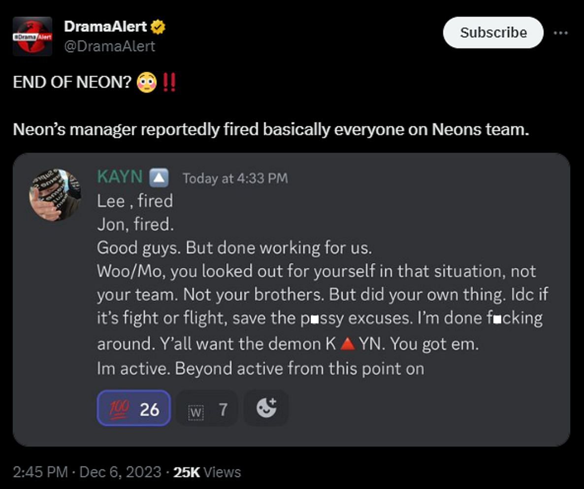 Kayn seemingly fires staff following the recent attack (Image via X/@Drama Alert)