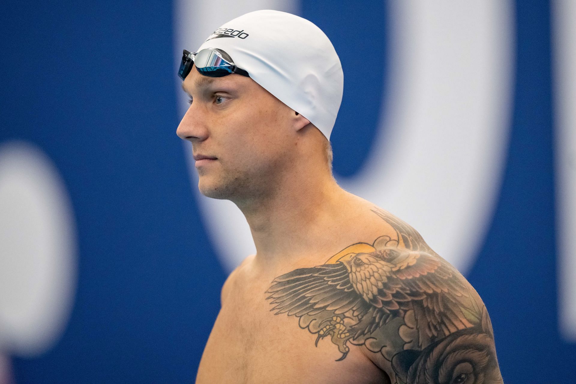 Caeleb Dressel looks on before the Men&#039;s 100m Freestyle Prelims at the 2023 Toyota US Open at the Greensboro Aquatic Center in Greensboro, North Carolina.