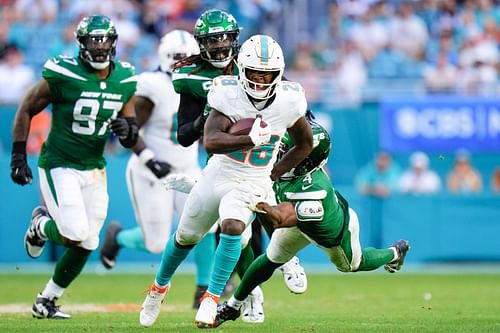 De'Von Achane during New York Jets v Miami Dolphins