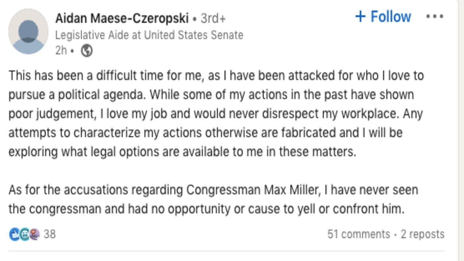 The full statement by Czeropski (Image via LinkedIn/Aidan Maese-Czeropski)