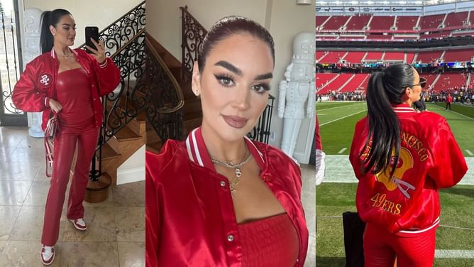 IN PHOTOS: George Kittle's wife Claire steps up gameday fashion with custom 49ers jacket