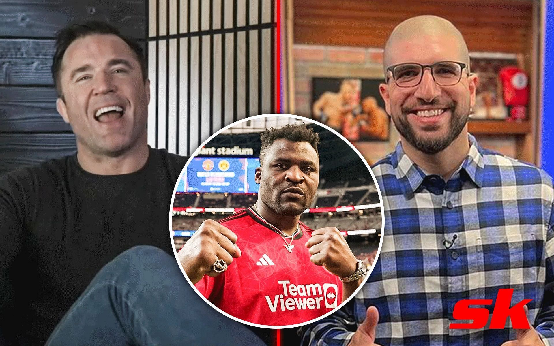 Ariel Helwani (Right) and Chael Sonnen (Left) bury the hatchet after Francis Ngannou (Inset) debate  [Images via: MMAFightingonSBN  | YouTube, @arielhelwani and @francisngannou on Instagram]