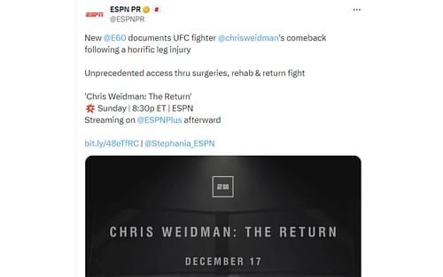 Tweet regarding Weidman's ESPN documentary