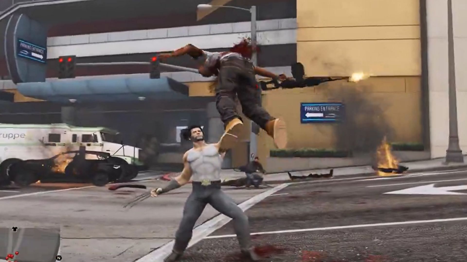 (2/2) Screenshot from the modded Grand Theft Auto 5 Wolverine gameplay (Image via (X/Joe)