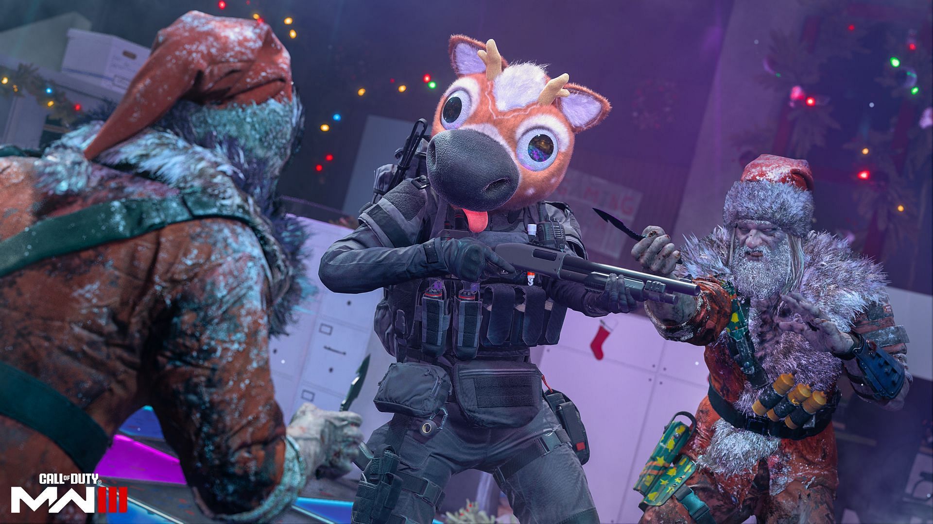 Two Zombie Santa Operators with knives trying to fight a player holding a Shotgun