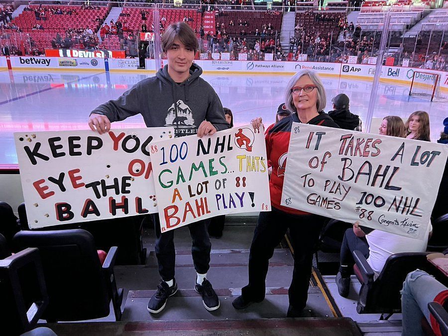 Kevin Bahl&rsquo;s billet family celebrates his 100th career NHL game
