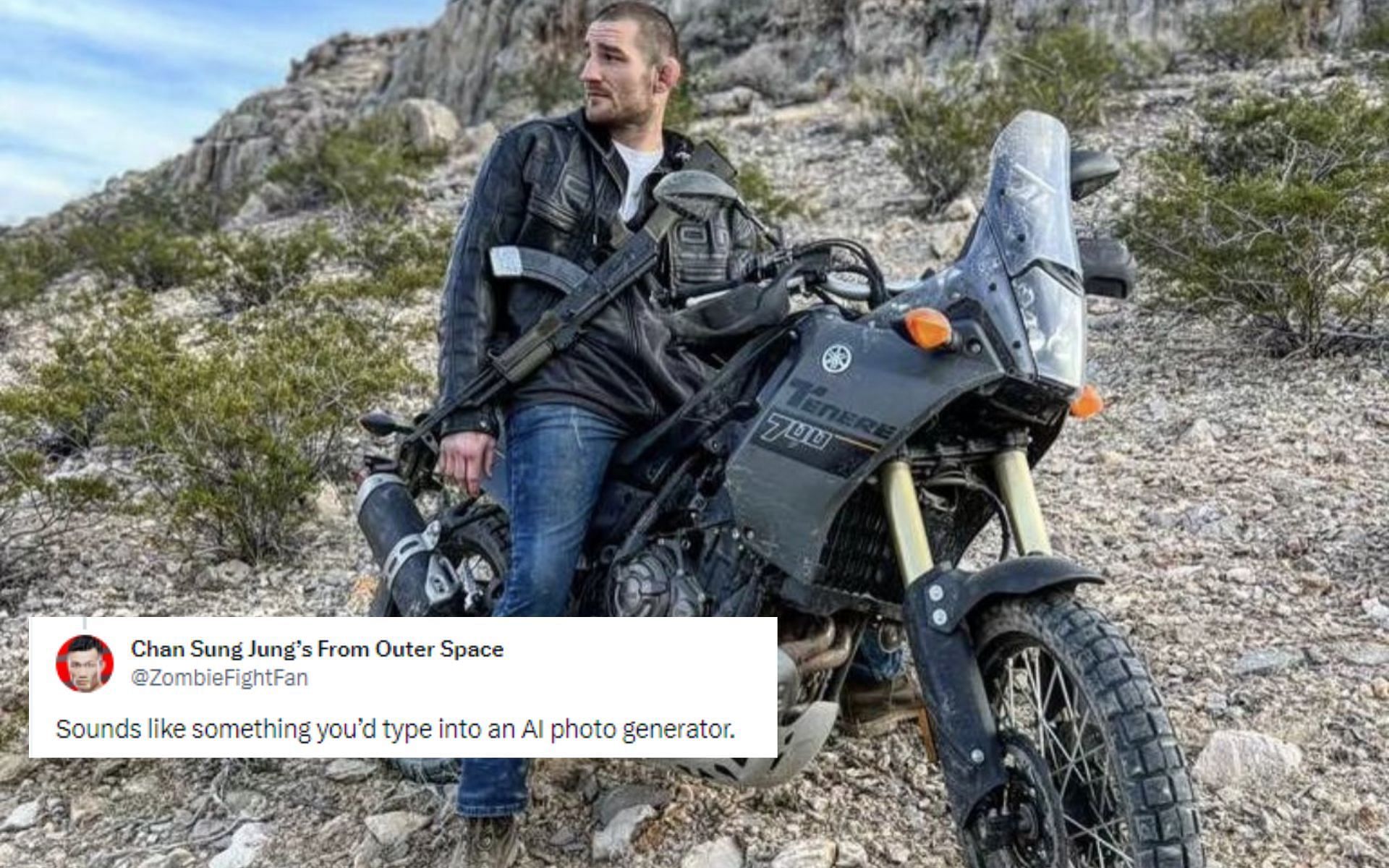 Sean Strickland [Pictured] carrying an AK-47 while on his motorcycle sparked mixed reaction on social media [Pictured] [Image courtesy: @sinoUFC - X]