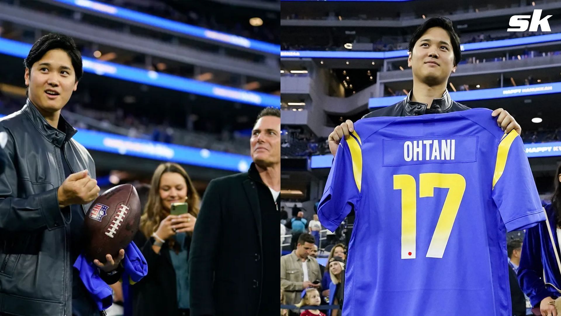 Ohtani showing off his very own Los Angeles Rams jersey