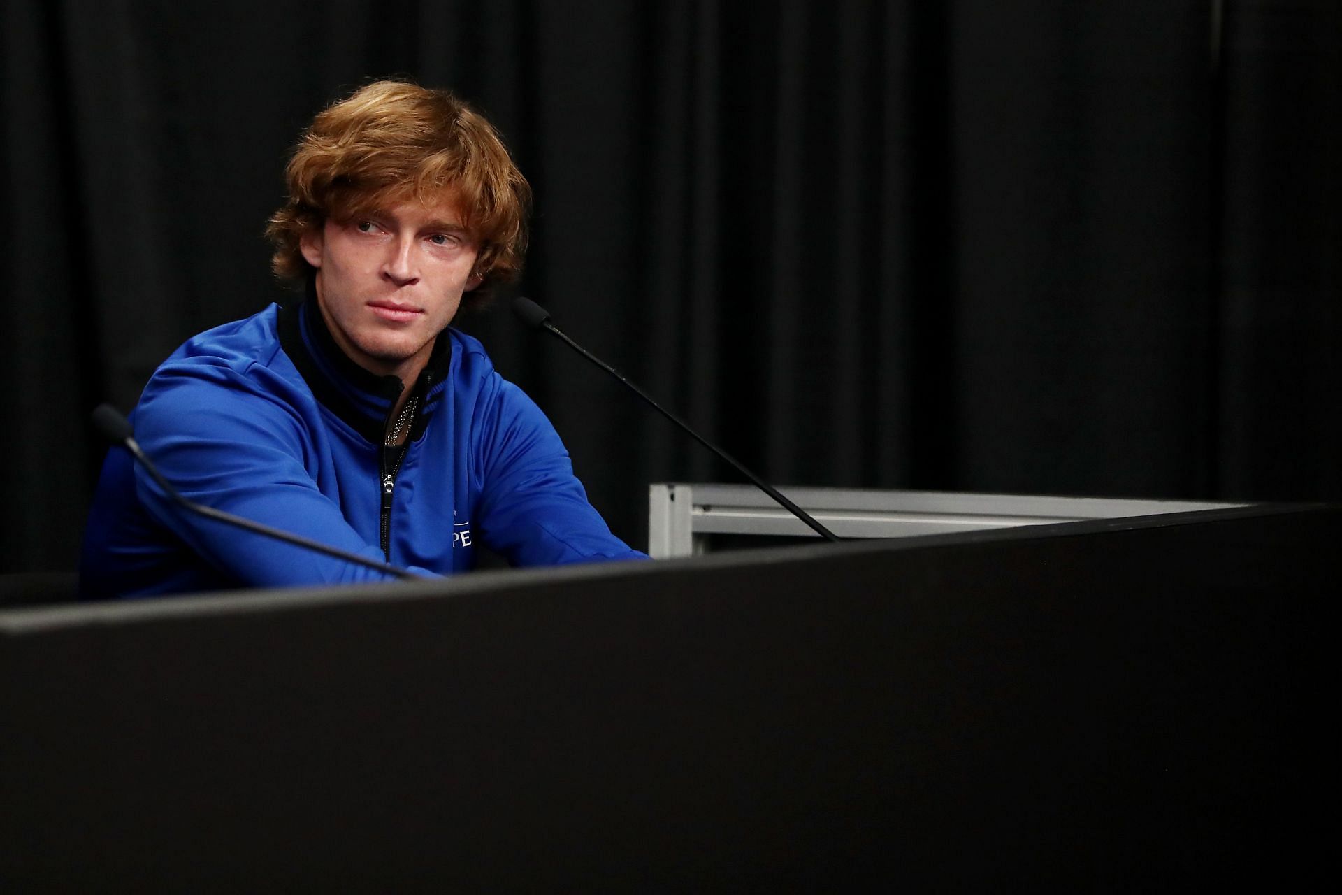 Andrey Rublev interacts with the media at the 2021 Laver Cup