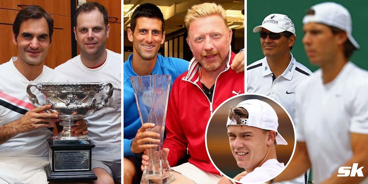 Roger Federer with Severing Luthi (L), Novak Djokovic with Boris Becker, and Rafael Nadal with Uncle Toni (R); Holger Rune (inset)