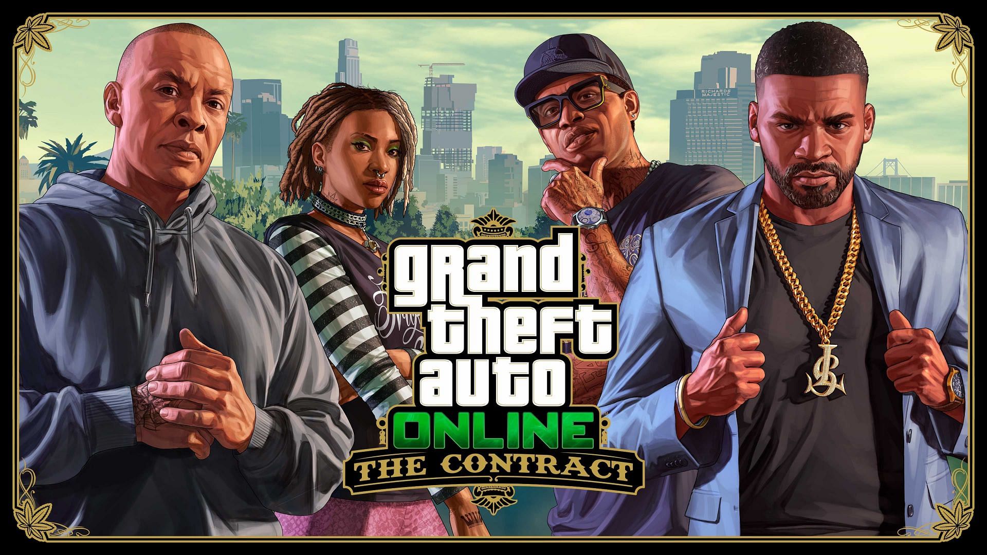 Official artwork of The Contract DLC featuring Franklin, Dr. Dre, Lamar and Imani (Image via Rockstar Games)