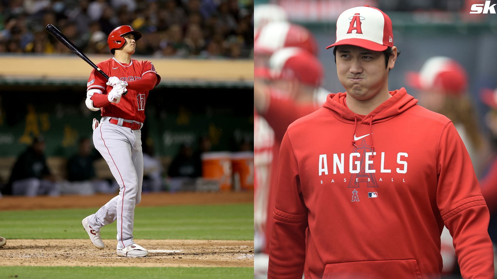 Shohei Ohtani of the Los Angeles Angels hits a long foul ball against the Oakland Athletics at RingCentral Coliseum