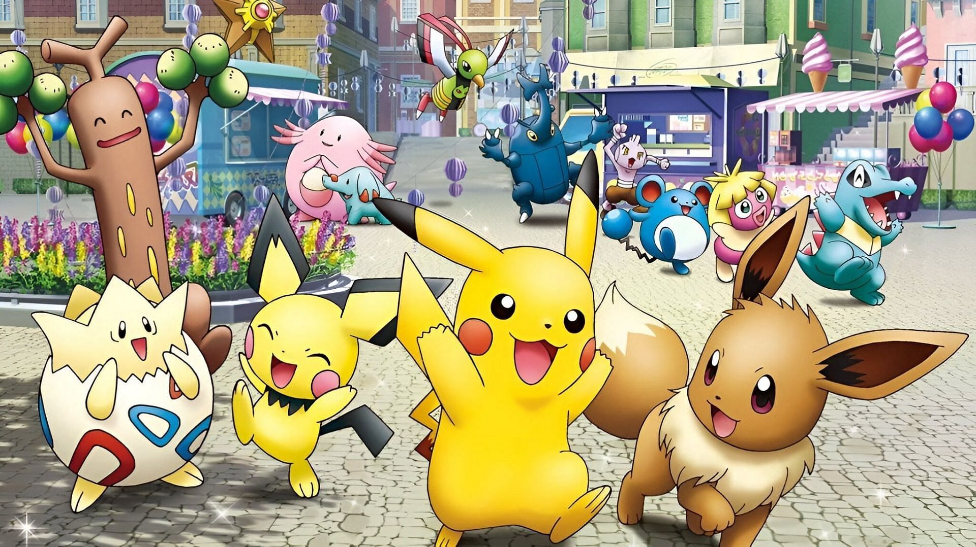 Pikachu and friends make their way through a city street in official Pokemon artwork.