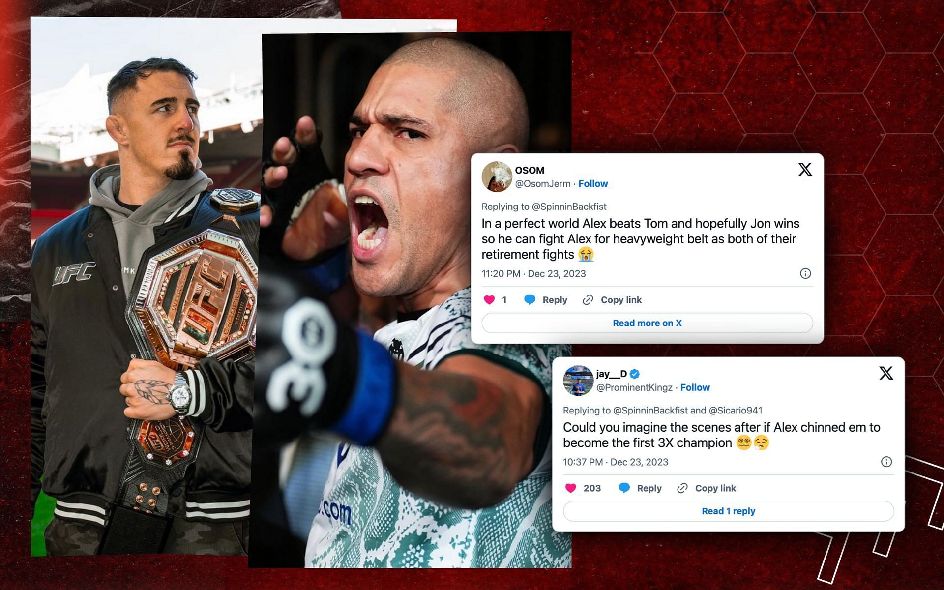 Fans react to a potential Tom Aspinall vs. Alex Pereira superfight [Image credits: @tomaspinallofficial and @alexpoatanpereira via X]