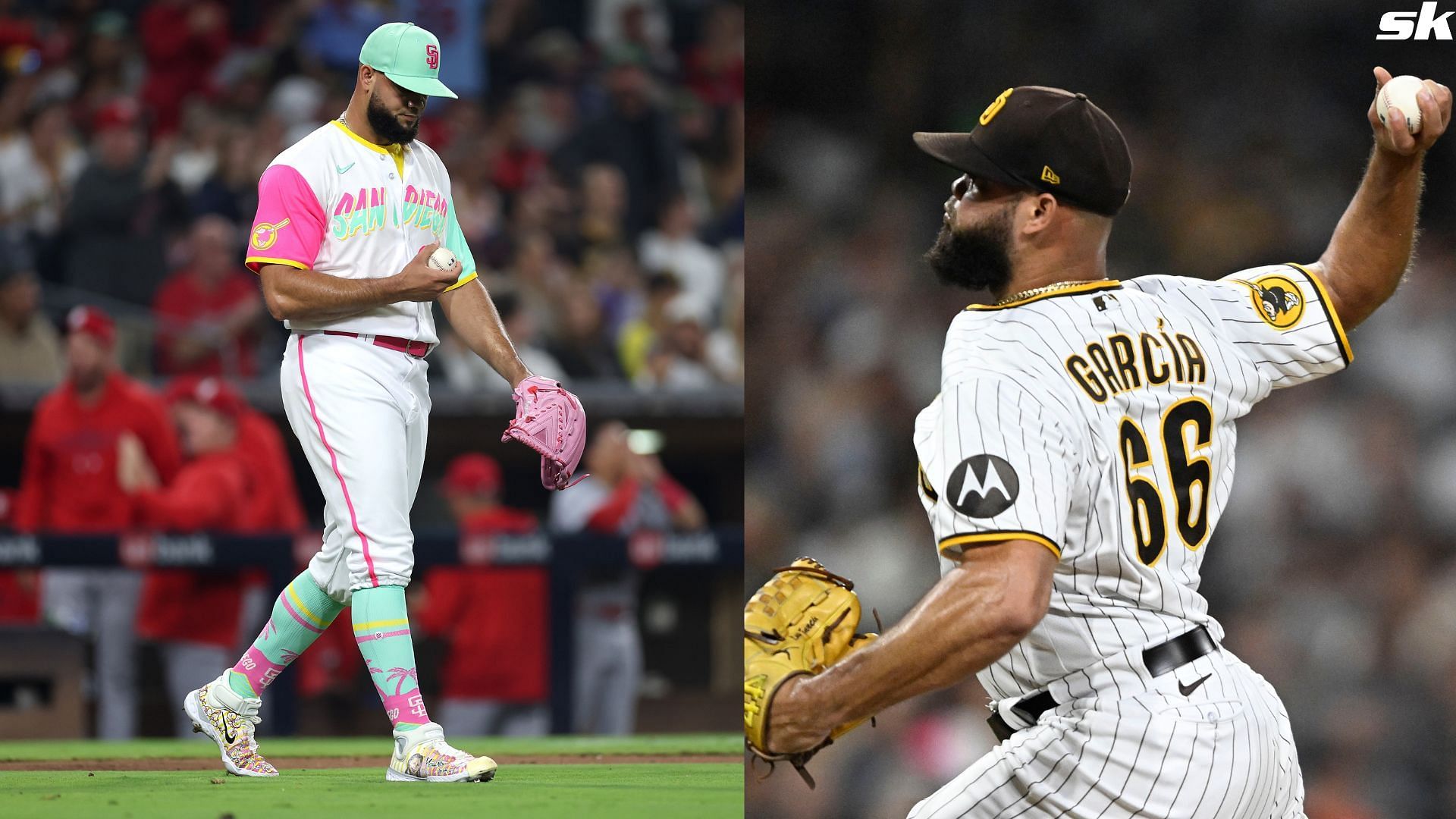 Luis Garcia of the San Diego Padres pitches during the eighth inning of a baseball game against the San Francisco Giants at Petco Park