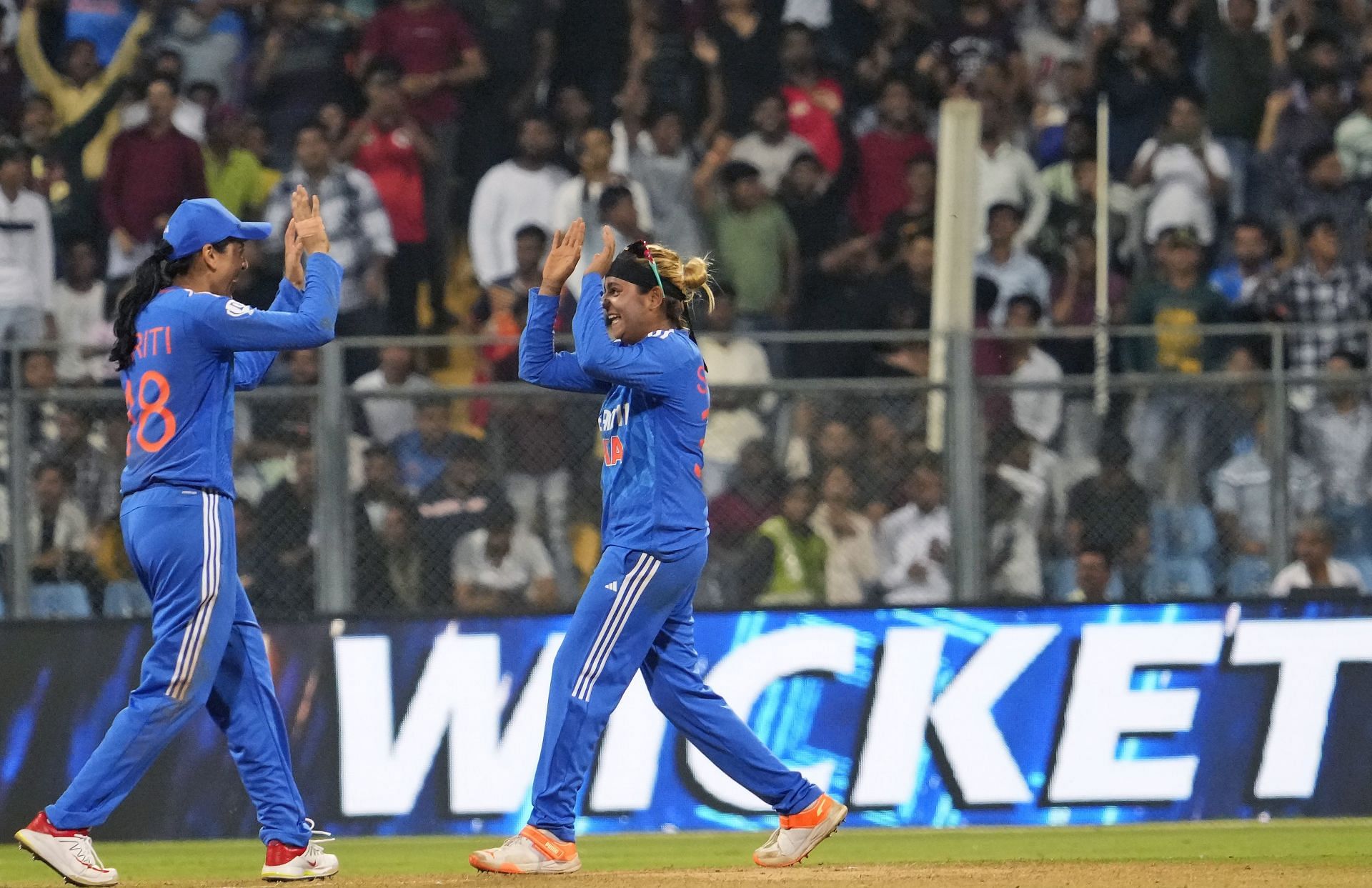 Saika Ishaque (right) made her India debut in the first T20I against England. [P/C: AP]