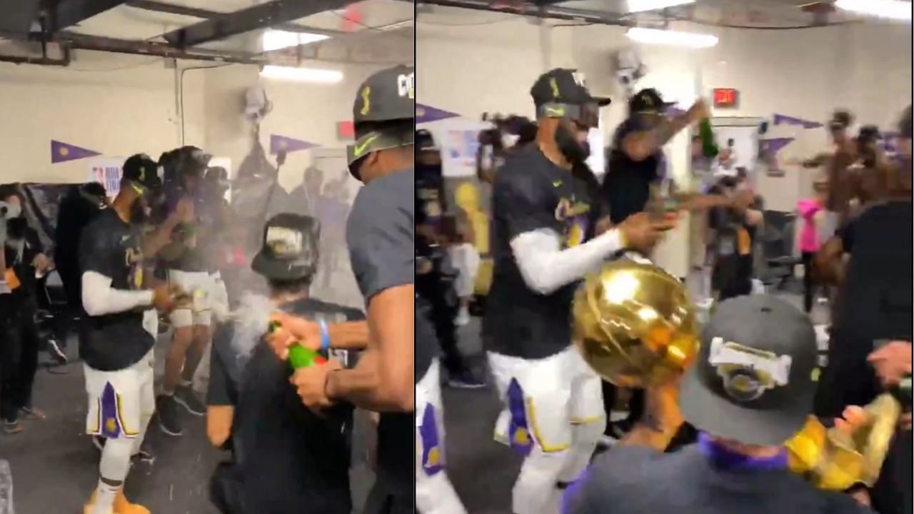 NBA superstar LeBron James and his LA Lakers teammates celebrating their In-Season Tournament championship.