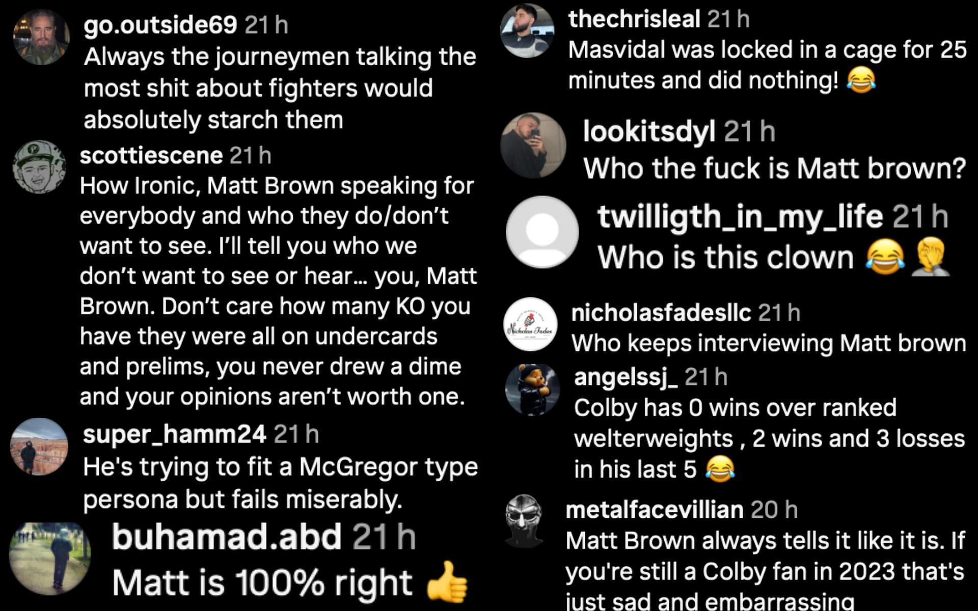 Fans react to Matt Brown&#039;s comments. (via Instagram)