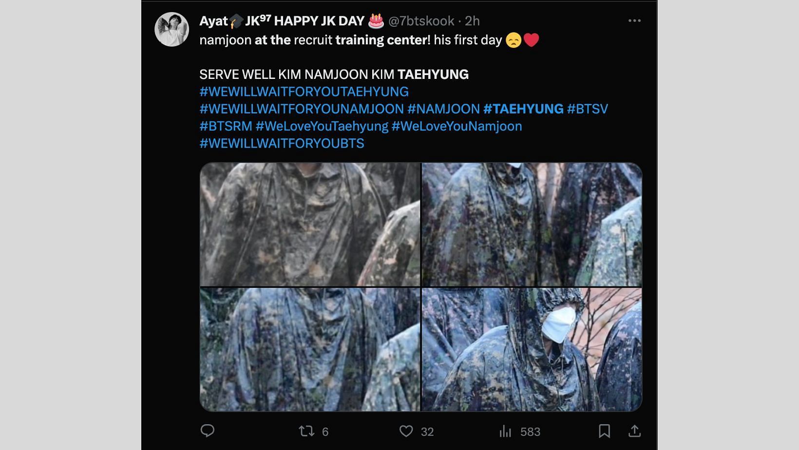 Fans reacting to the images of BTS members in military drip-in suits. (Images via X/@7btskook) 