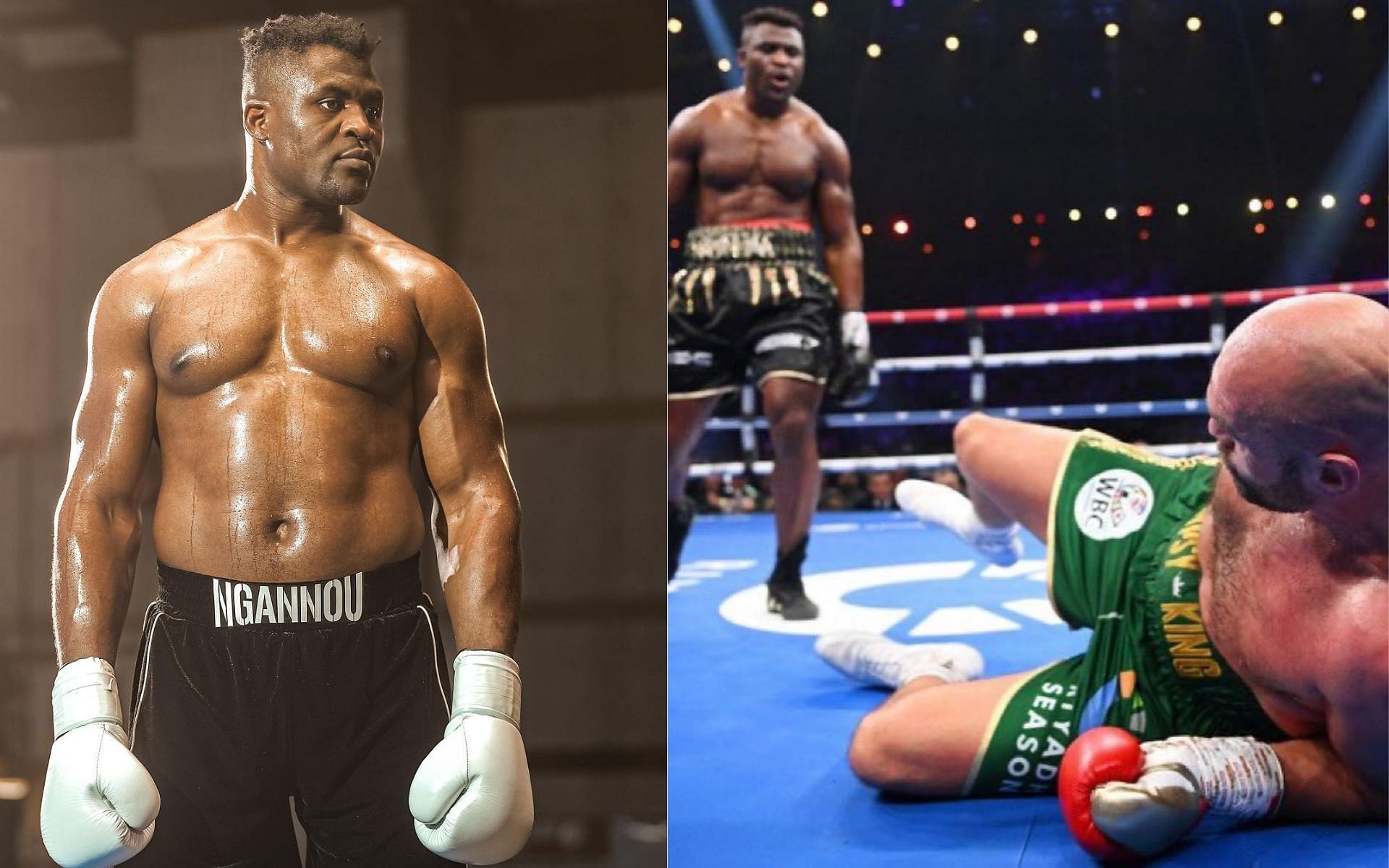 Francis Ngannou (left) and Francis Ngannou after knocking down Tyson Fury (right) (Image credits @francisngannou on Instagam)