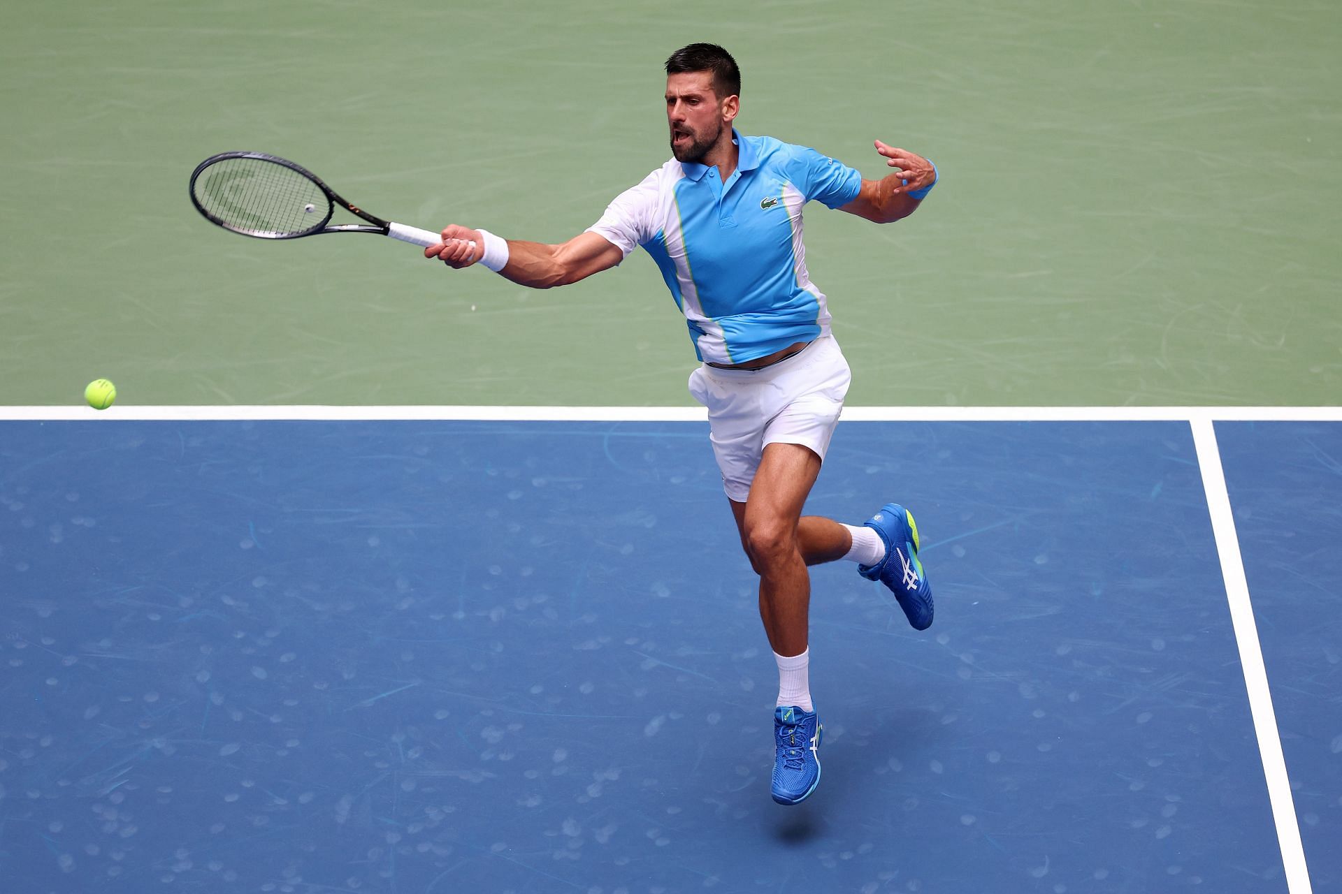 Novak Djokovic hits a forehand: 2023 US Open - Day 9