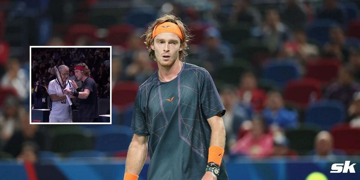 Andrey Rublev argues with match official at the UTS (inset)