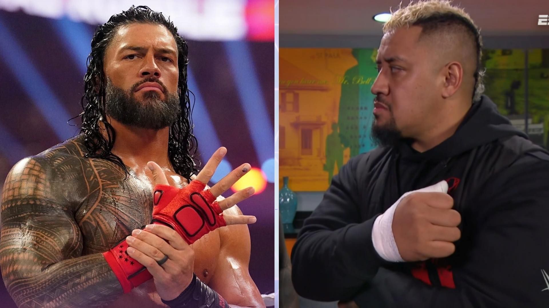 Roman Reigns (left); Solo Sikoa (right)