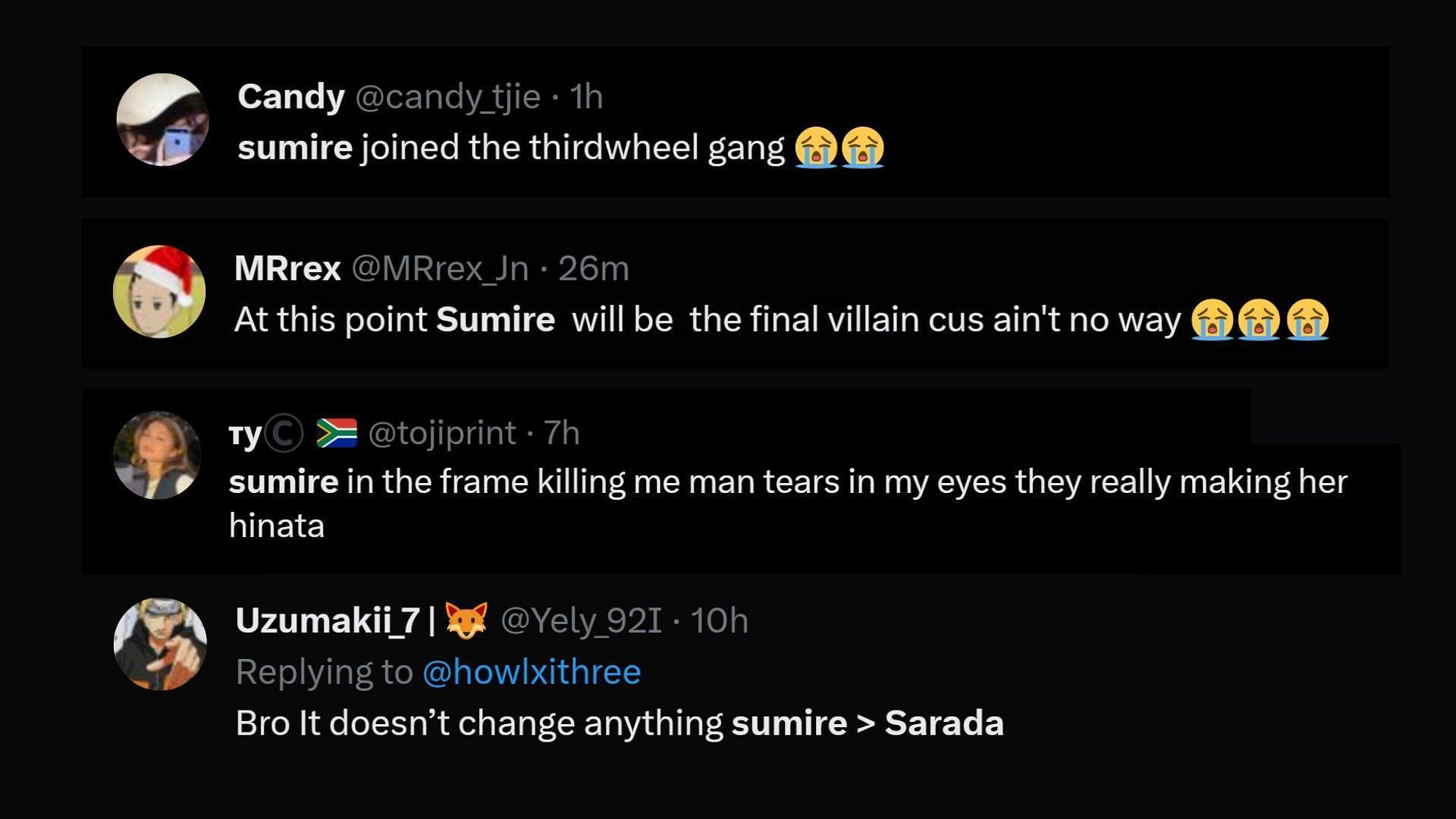 Screenshot of how fans reacted to Sarada and Sumire&#039;s situation (Image via Sportskeeda/X)