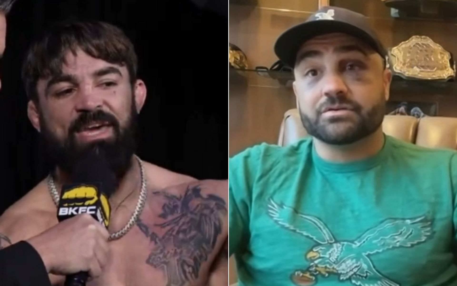 Mike Perry [Left], and Eddie Alvarez [Right] [Photo credit: @bareknucklefc - X, and MMAFightingonSBN - YouTube]