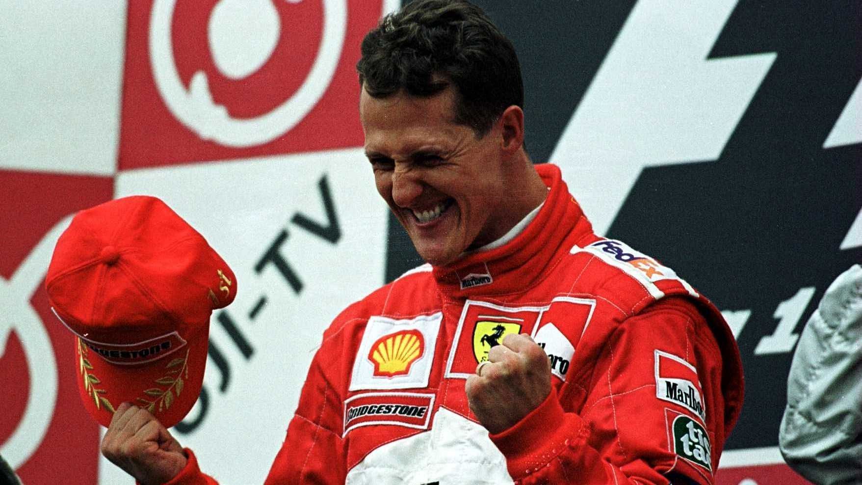 Michael Schumacher celebrates on the podium (Image by @Big_Data_Master from X)