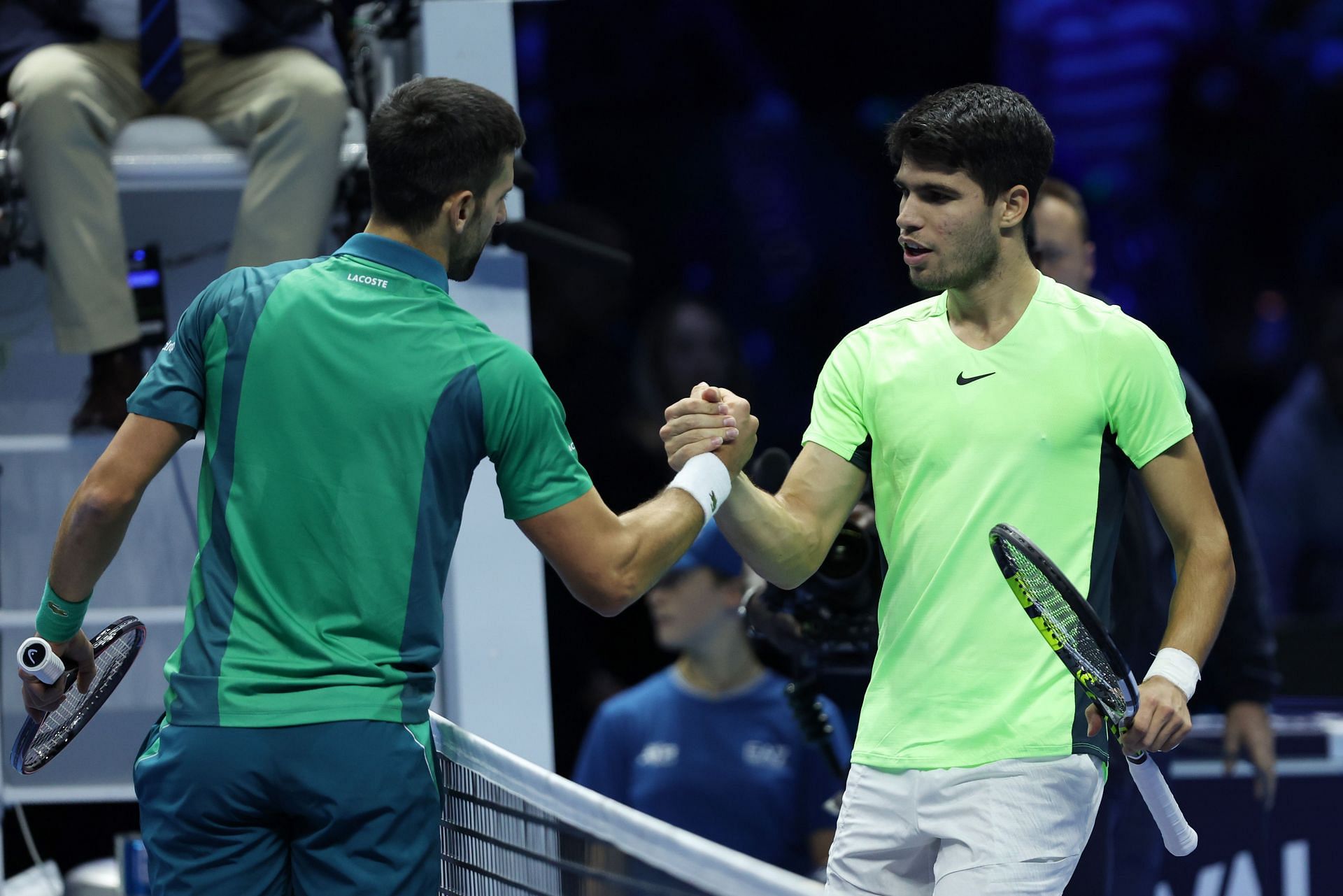 Novak Djokovic and Carlos Alcaraz pictured at the 2023 Nitto ATP Finals